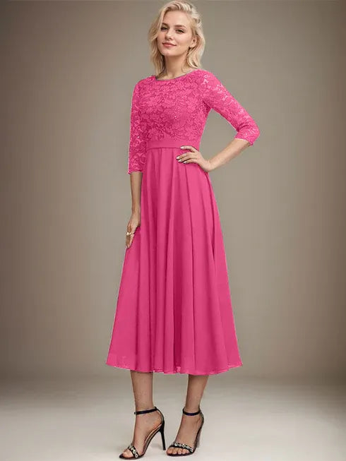 A-Line Scoop Neck Tea-Length Lace Chiffon Mother of the Bride Dress with Sequins