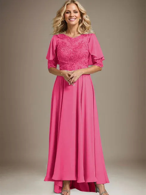A-Line Scoop Neck Illusion Asymmetrical Chiffon and Lace Mother of the Bride Dress with Beading