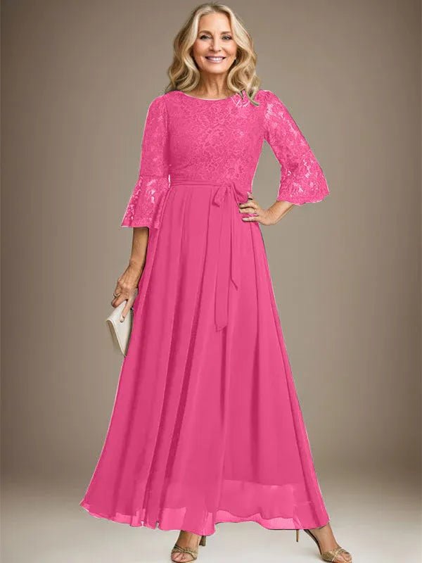 A-Line Scoop Neck Ankle-Length Lace Chiffon Mother of the Bride Dress with Bow