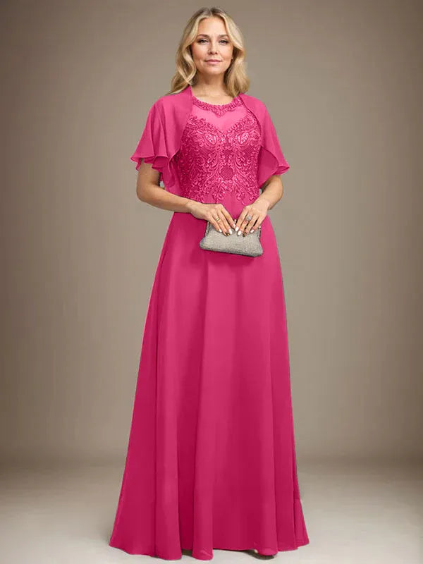 A-Line Scoop Neck Illusion Floor-Length Lace Chiffon Mother of the Bride Dress with Sequins