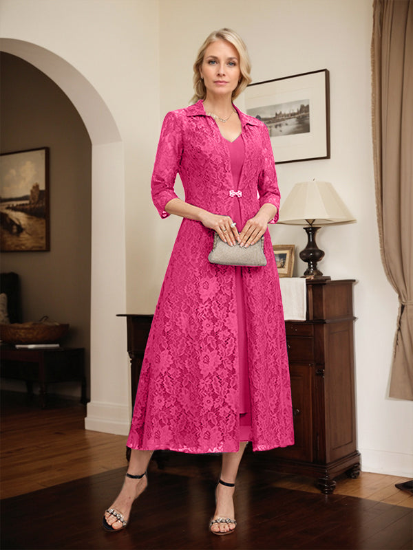 A-Line V-Neck Tea-Length Chiffon Mother of the Bride Dress