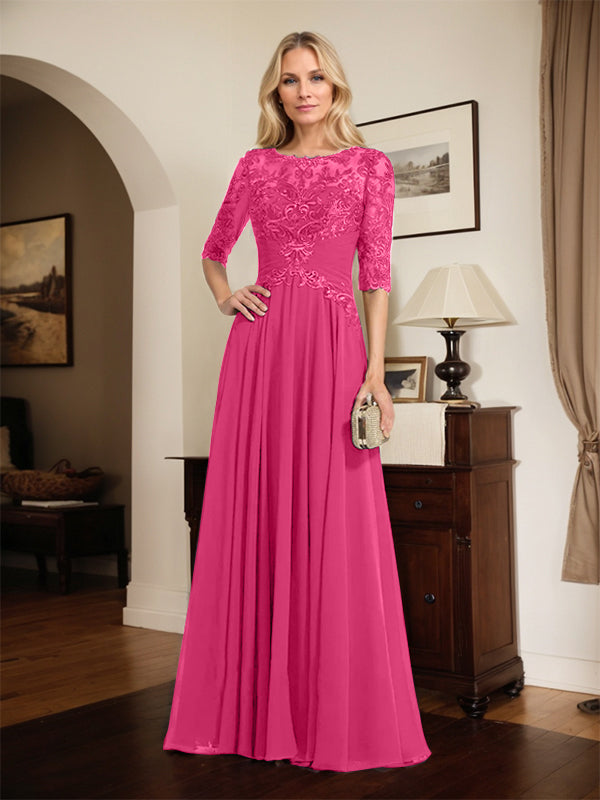 A-Line Scoop Neck Illusion Floor-Length Chiffon and Lace Mother of the Bride Dress with Pleated Sequins