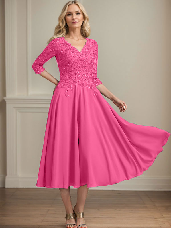 A-Line V-Neck Tea-Length Chiffon and Lace Mother of the Bride Dress with Beading and Sequins
