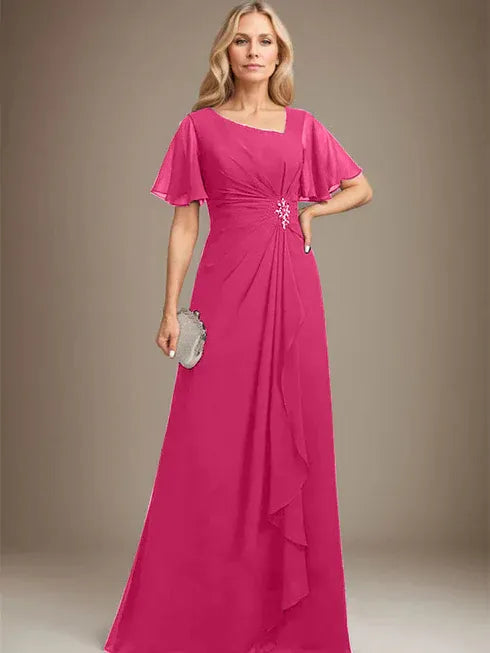 A-Line Asymmetrical Floor-Length Chiffon Mother of the Bride Dress with Pleated Beading and Sequins
