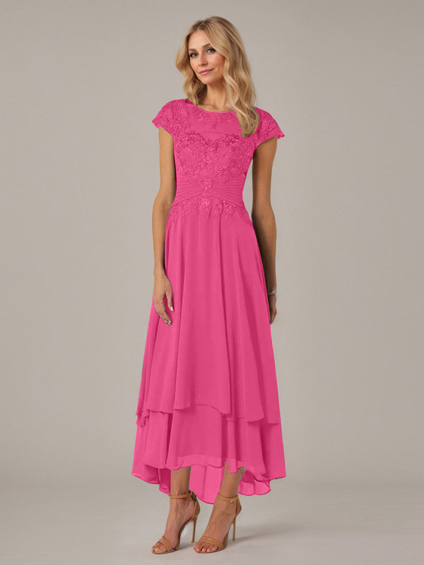 A-Line Boat Neck Illusion Asymmetrical Chiffon Lace Mother of the Bride Dress with Applique and Pleats