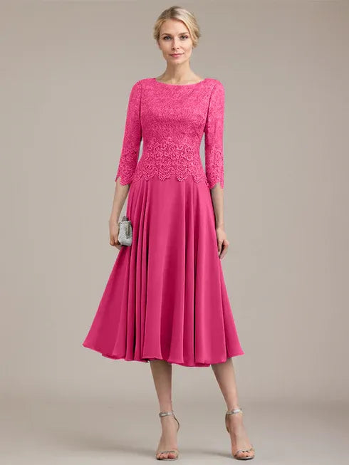 A-Line Scoop Neck Tea-Length Lace Chiffon Mother of the Bride Dress