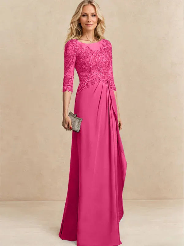 A-Line Scoop Illusion Floor-Length Chiffon and Lace Mother of the Bride Dress with Beading, Sequins, and Cascading Ruffles
