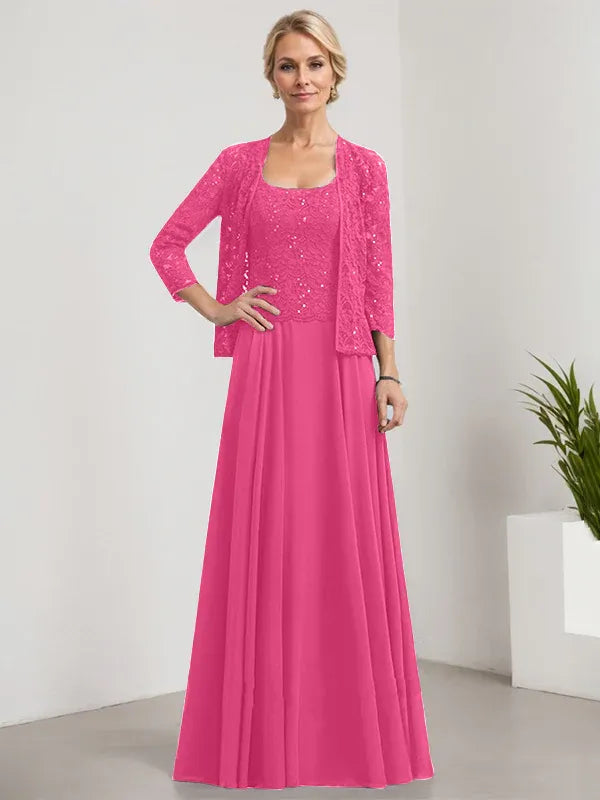 A-Line Square Neck Floor-Length Lace and Chiffon Mother of the Bride Dress with Sequins