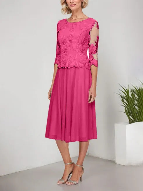 A-Line Scoop Neck Tea-Length Lace Chiffon Mother of the Bride Dress with Embroidery