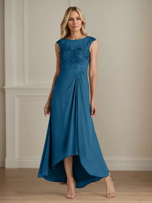 Champagne A-Line Lace and Chiffon Scoop Neck Dress