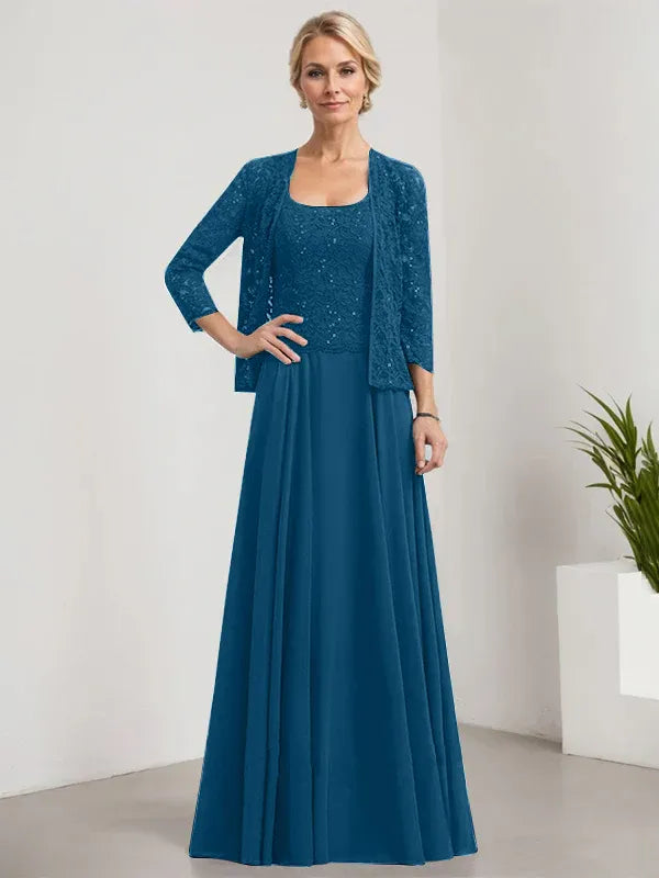 A-Line Square Neck Floor-Length Lace and Chiffon Mother of the Bride Dress with Sequins