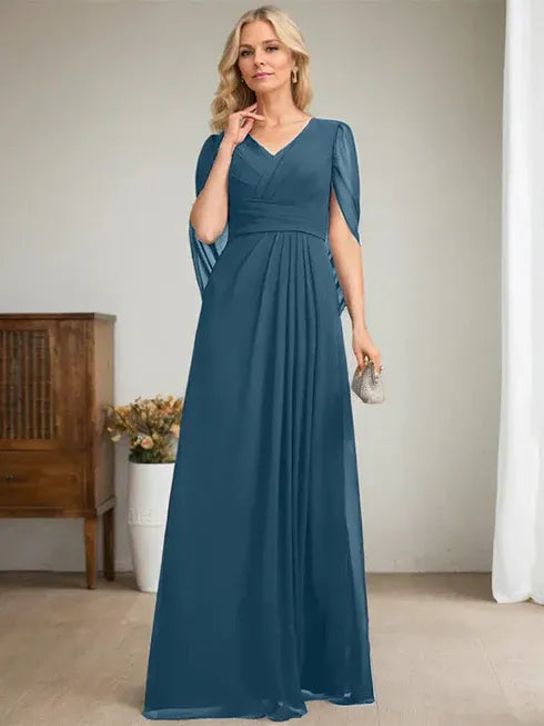 Dark Navy A-Line V-Neck Long Mother of the Bride Dress
