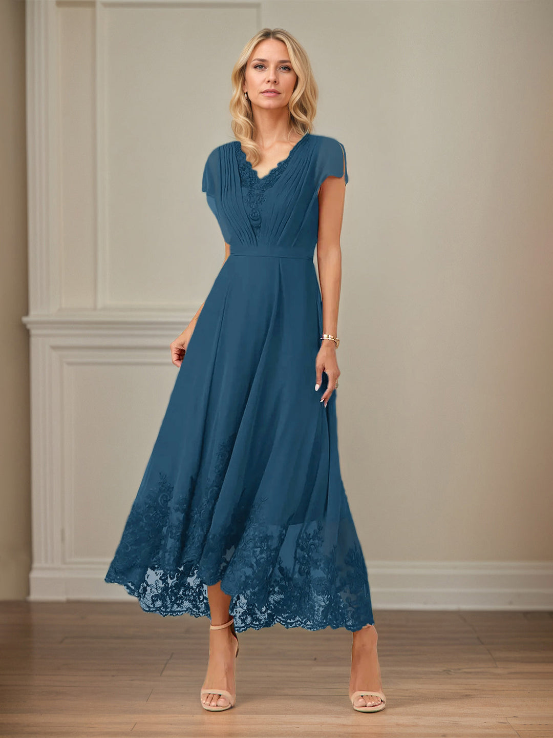 A-Line V-Neck Flutter Sleeve Chiffon Dress with Appliques and Ankle Length