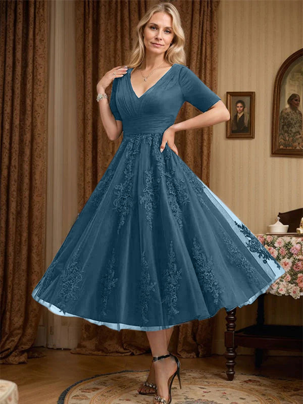 A-Line V-Neck Tea-Length Tulle Lace Mother of the Bride Dress with Pleats