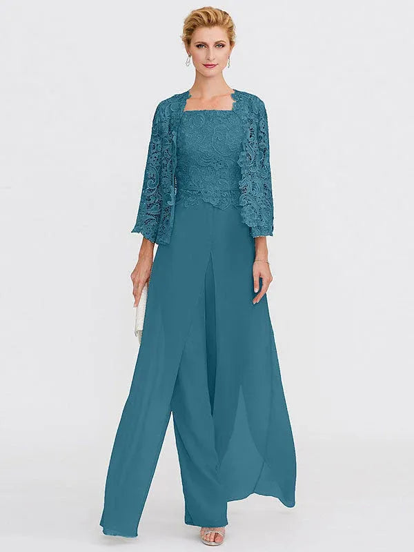 3-Piece Chiffon Square Neck Mother of the Bride Pantsuit Set with Jacket