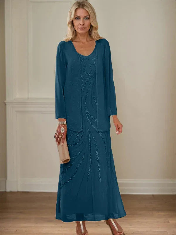 V-Neck Sheath/Mother of the Bride Ankle-Length Dress with Jacket & Sequins