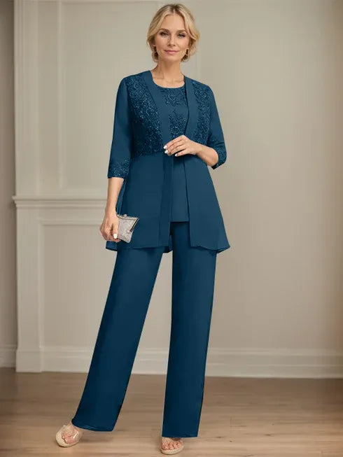 Floor-Length Chiffon Lace Jumpsuit and Pantsuit Separates with Sequins – Perfect Mother of the Bride Dress