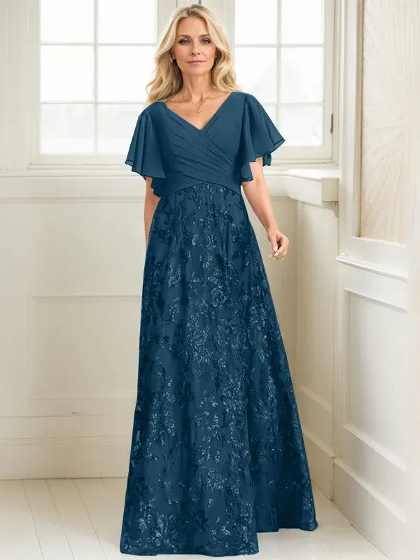 A-Line V-Neck Floor-Length Lace and Sequin Chiffon Mother of the Bride Dress with Pleats
