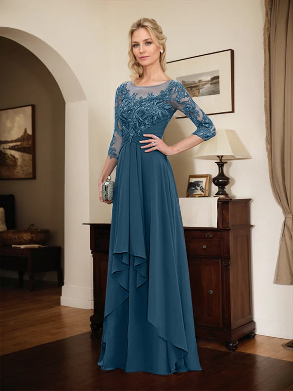 A-Line Scoop Neck Illusion Floor-Length Lace Chiffon Mother of the Bride Dress with Cascading Ruffles