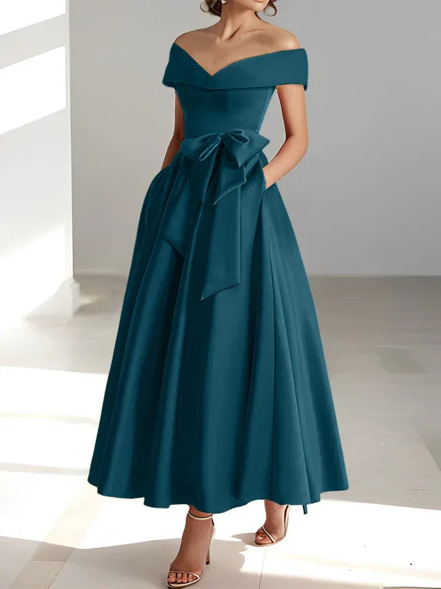 A-Line Off-the-Shoulder Sleeveless Ankle-Length Mother of the Bride Dress with Pockets