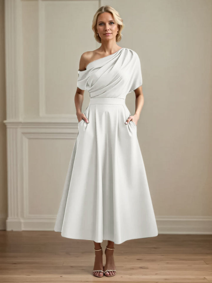 One-Shoulder Satin A-Line Pleated Ankle-Length Mother of the Bride Dress