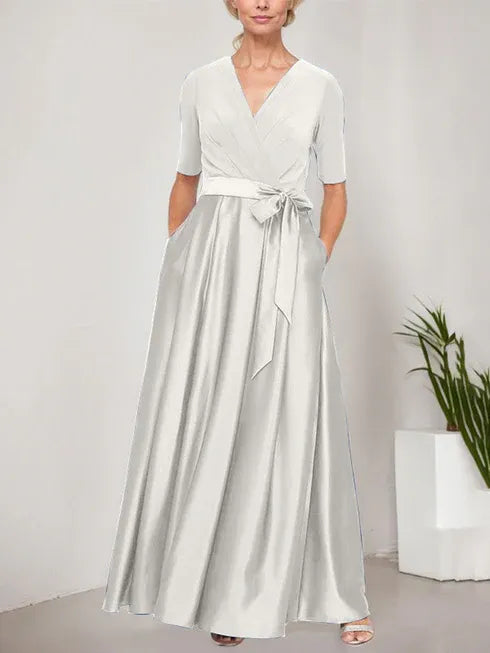 Surplice Neckline Ballgown with Full Satin Skirt and Jersey Bodice