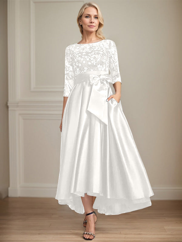 A-Line Scoop Neck Illusion Asymmetrical Satin Lace Mother of the Bride Dress with Bow