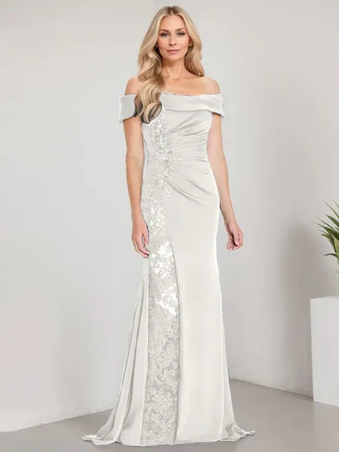 A-Line Off-the-Shoulder Floor-Length Mother of the Bride Dress with Appliqué Beadings and Mermaid Silhouette Featuring a High Split