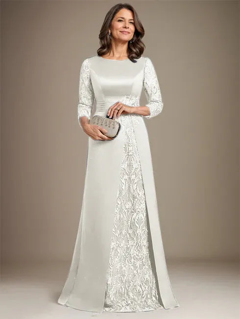 Floor-Length A-Line Lace Satin Mother of the Bride Dress with Scoop Neck and Applique