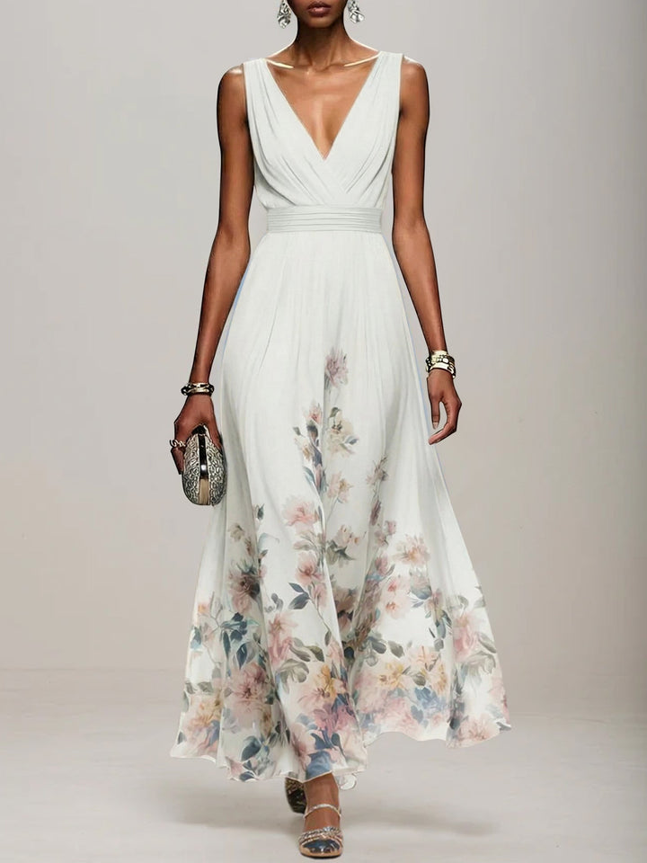 Light Blue Floral Chiffon V-Neck Sleeveless A-Line Maxi Dress