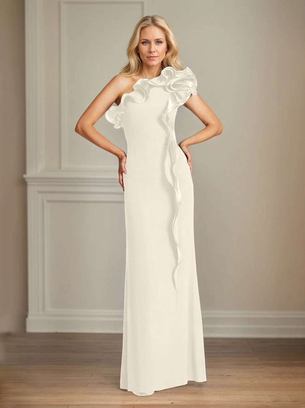 Navy Stretch Crepe One-Shoulder Sheath Dress with Ruffles – Floor-Length Mother of the Bride Gown