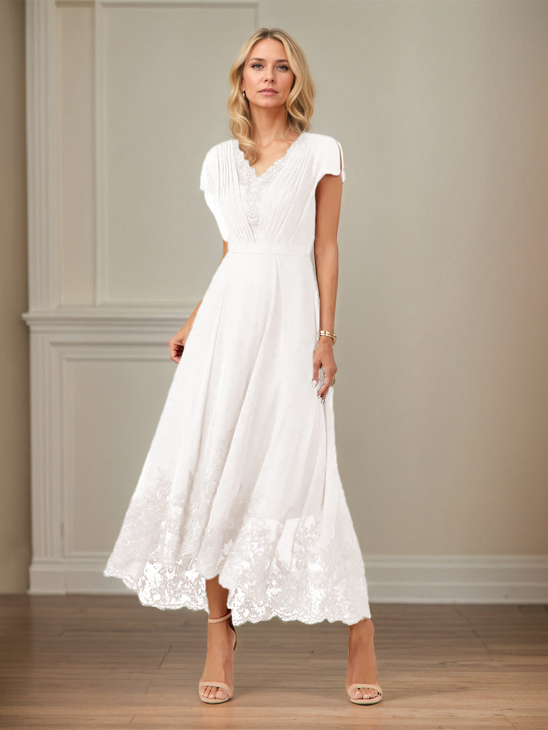 A-Line V-Neck Flutter Sleeve Chiffon Dress with Appliques and Ankle Length