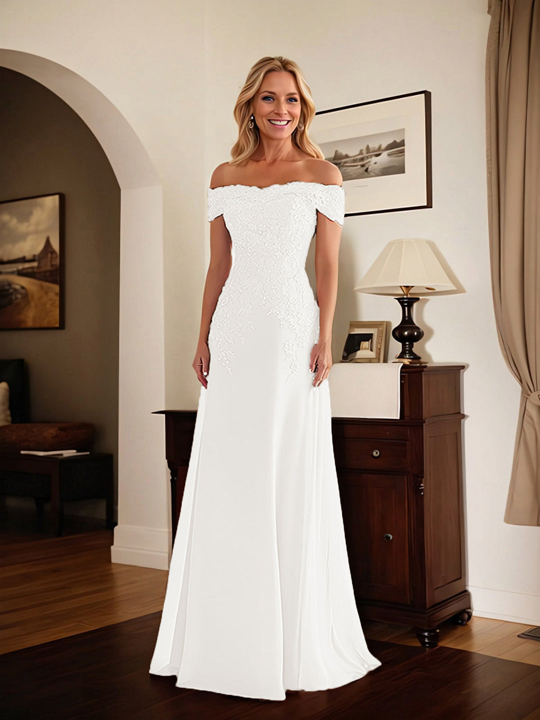 Elegant Taupe Off-the-Shoulder Lace Sheath Dress for Mother of the Bride