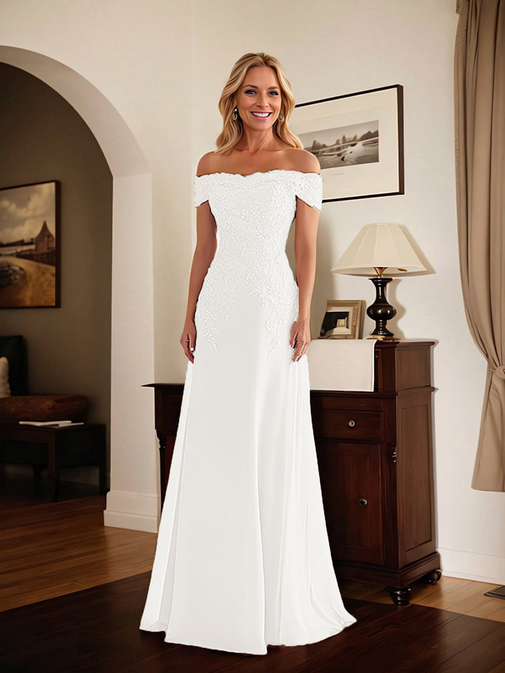 Elegant Taupe Off-the-Shoulder Lace Sheath Dress for Mother of the Bride