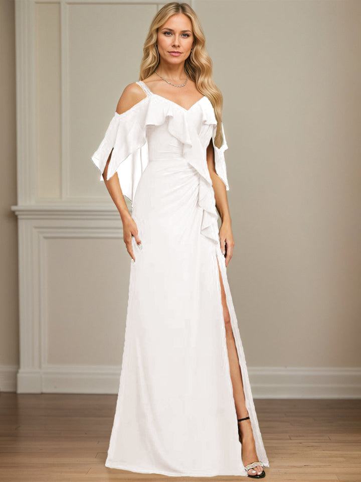 Sheath/Column Cold Shoulder V-Neck Floor-Length Chiffon Dress with Cascading Ruffles, Sequins, and Beading