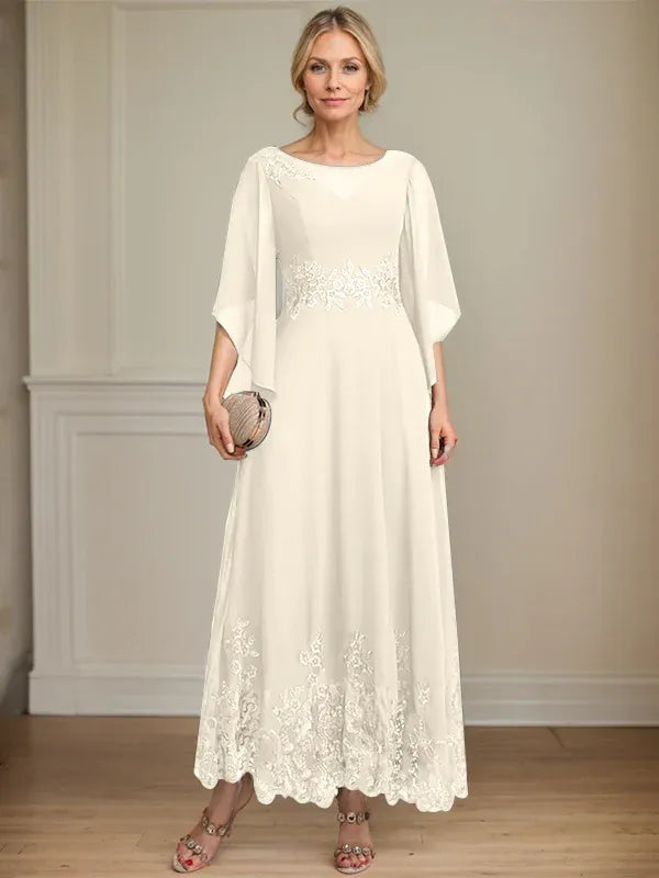 A-Line Scoop Neck Illusion Lace Chiffon Mother of the Bride Dress with Sequins and Ankle-Length Hem