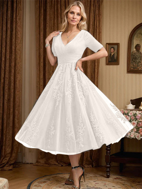A-Line V-Neck Tea-Length Tulle Lace Mother of the Bride Dress with Pleats