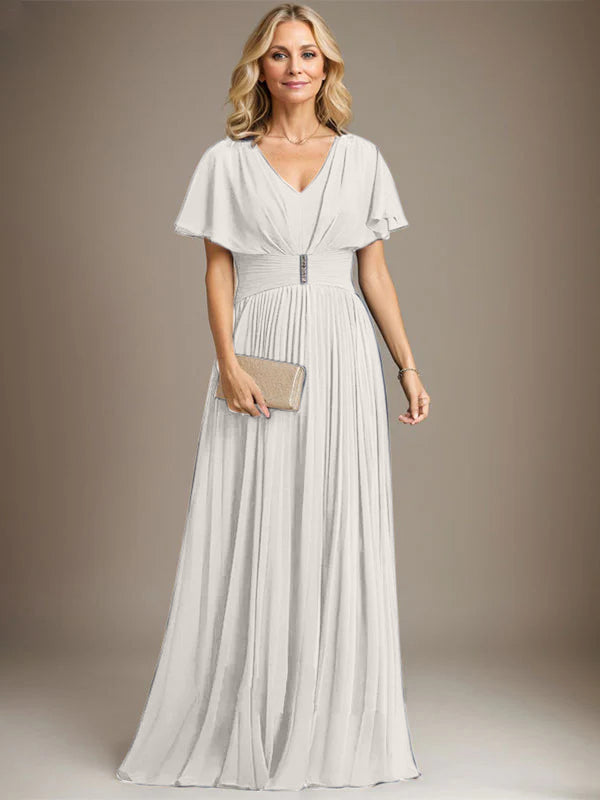 A-Line V-Neck Floor-Length Chiffon Mother of the Bride Dress with Crystal Brooch and Pleated Design