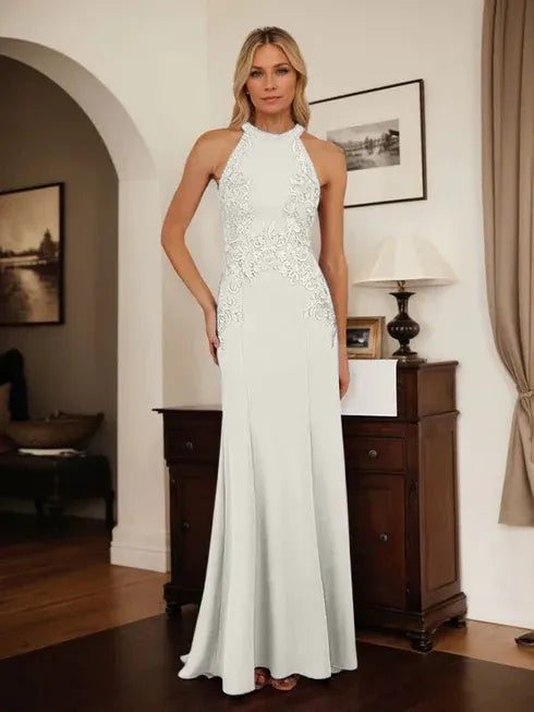Dusty Blue Sheath Halter Mother of the Bride Dress with Appliqué Details