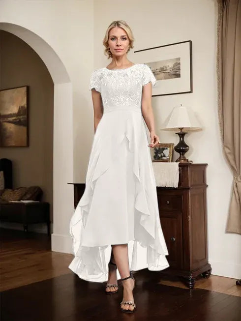 A-Line Scoop Neck Illusion Asymmetrical Chiffon Lace Mother of the Bride Dress with Bow, Ruffle, and Sequins
