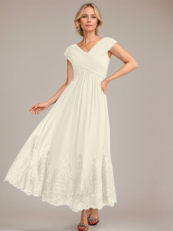 A-Line V-Neck Chiffon Mother of the Bride Dress with Appliqué and Sequins, Ankle-Length