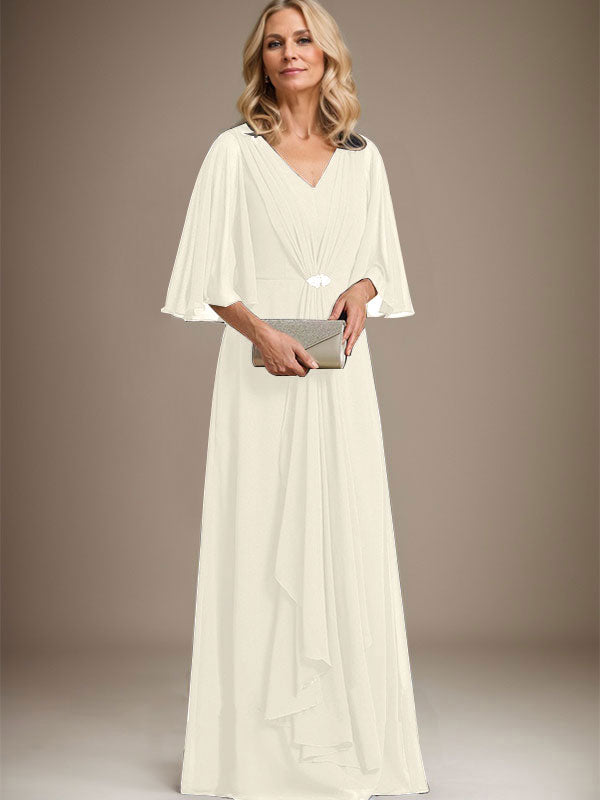 A-Line V-Neck Floor-Length Chiffon Mother of the Bride Dress with Cascading Ruffles and Crystal Brooch