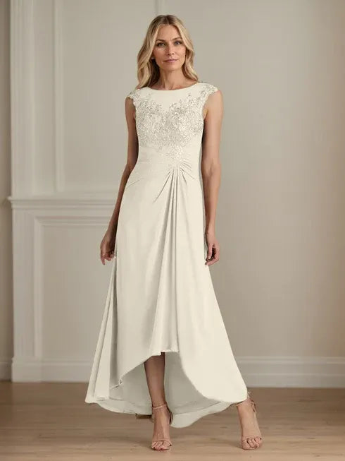 Champagne A-Line Lace and Chiffon Scoop Neck Dress