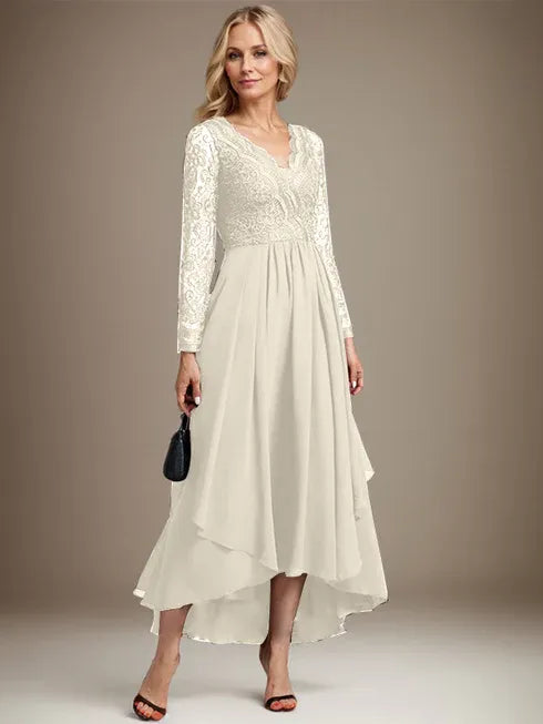 A-Line V-Neck Asymmetrical Lace Chiffon Mother of the Bride Dress