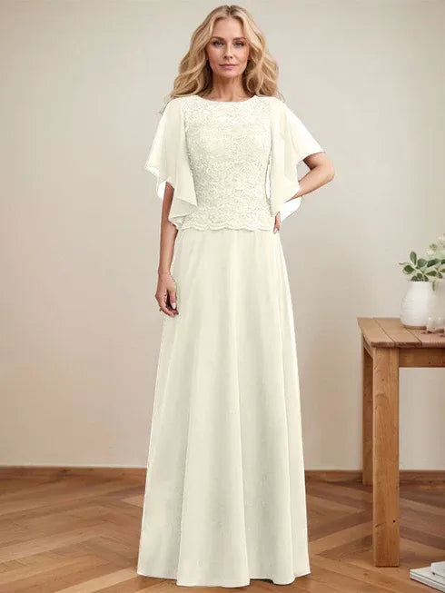 A-Line Scoop Neck Illusion Floor-Length Lace Chiffon Mother of the Bride Dress with Sequins