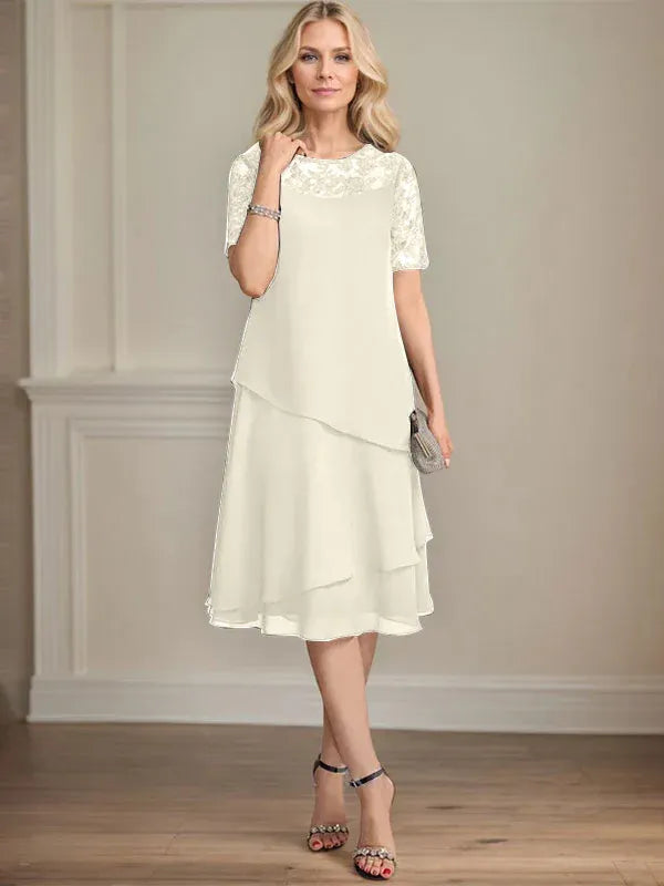 A-Line Scoop Neck Illusion Knee-Length Lace Chiffon Mother of the Bride Dress with Sequins