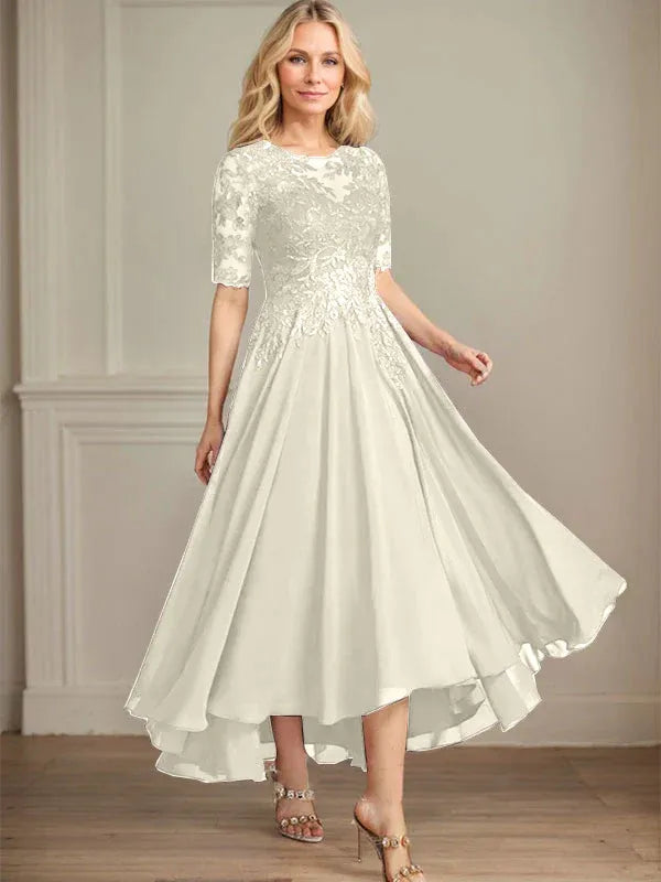 A-Line Scoop Neck Illusion Asymmetrical Chiffon and Lace Mother of the Bride Dress with Sequins