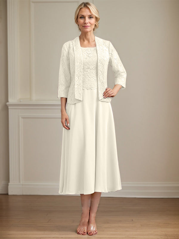 A-Line Scoop Neck Tea-Length Lace Chiffon Mother of the Bride Dress