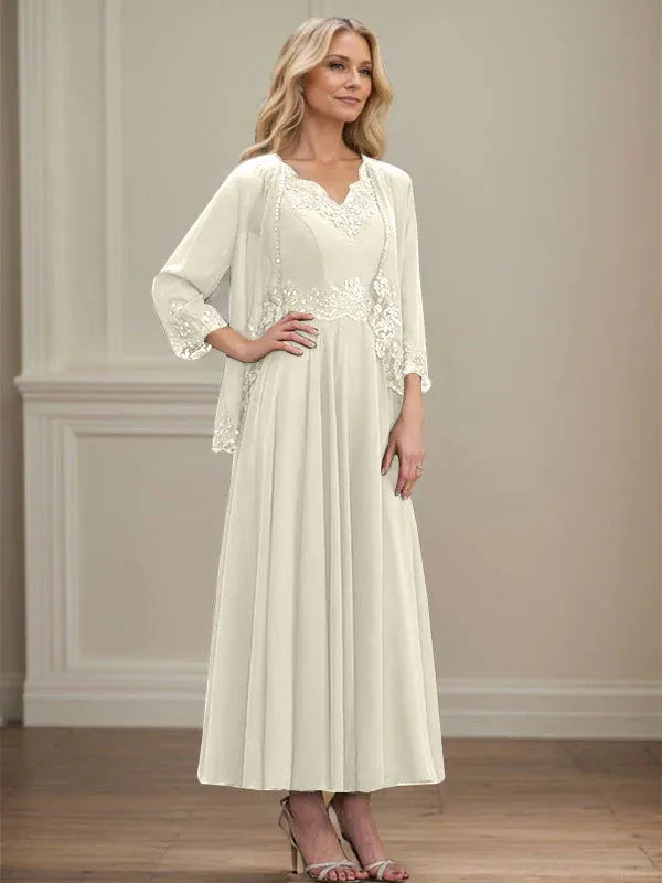 A-Line V-Neck Chiffon Mother of the Bride Dress with Sequins, Appliques, Lace, and Beading at Ankle Length