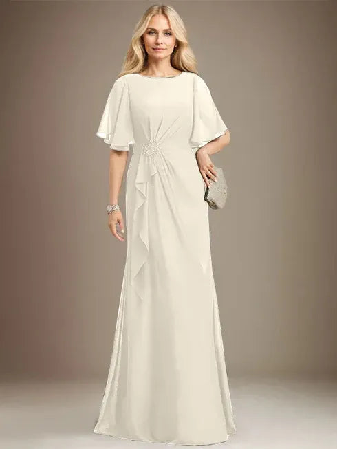 A-Line Scoop Floor-Length Chiffon Mother of the Bride Dress with Cascading Ruffles, Beading, and Sequins